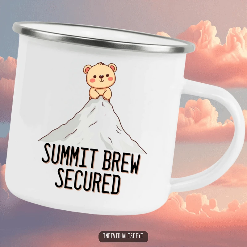Funny bear cub camping mug featuring a smiling cub scaling a tiny mountain, perfect for adventurers and funny outdoorsy gifts.