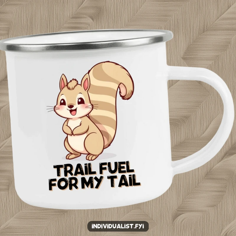 Funny squirrel enamel camping mug with a cheerful squirrel and an unusually long, striped tail, ideal for outdoor use and humorous gifting.