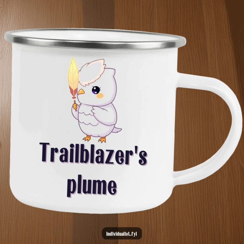 Funny Camping Mug: A unique creature with a glowing aura displays a hand-painted feather, perfect for unique outdoor enthusiasts.