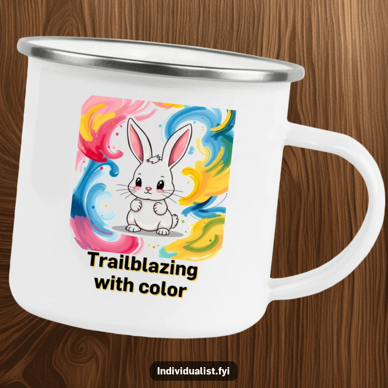 Funny camping mug featuring a focused bunny artistically painting abstract colorful swirls, inspired by nature.