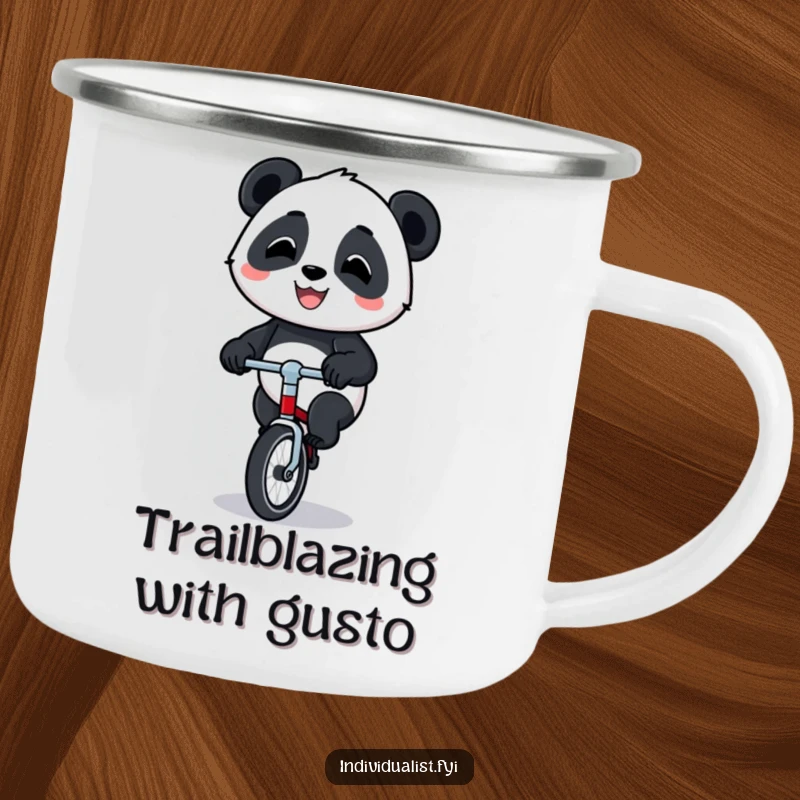 Funny panda unicycle camping mug featuring a happy panda balancing on a tiny unicycle, perfect for outdoor drinks.