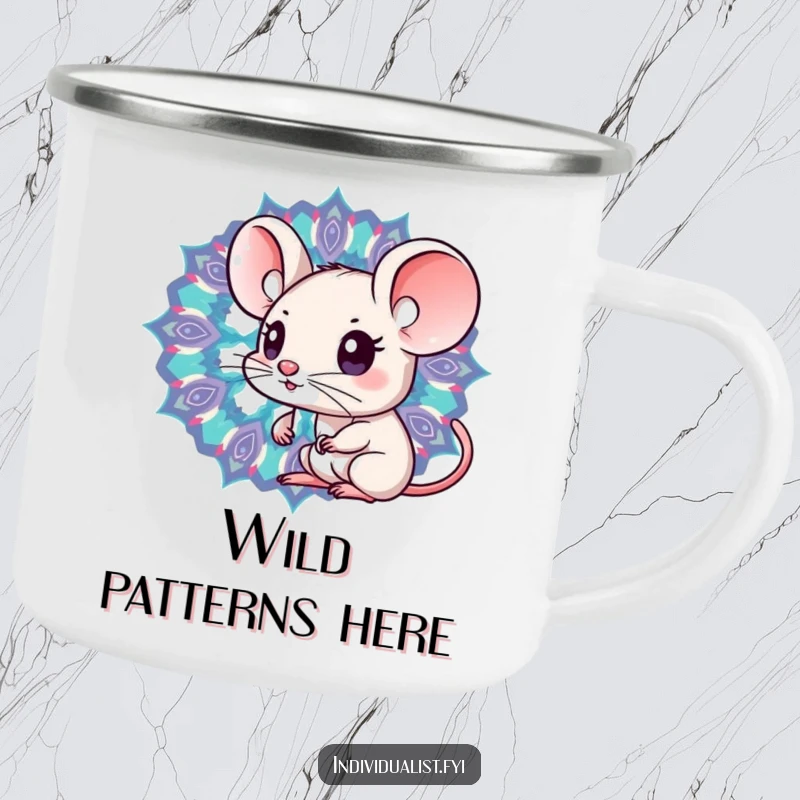 Funny Kawaii mouse peering into a vibrant kaleidoscope on a durable camping mug, perfect for outdoor explorations.