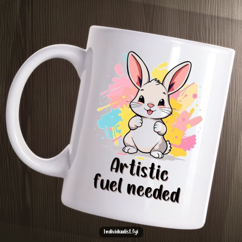 Funny Bunny Mug: A playful bunny enthusiastically paints abstract art with its paws, showcasing creativity and joy.