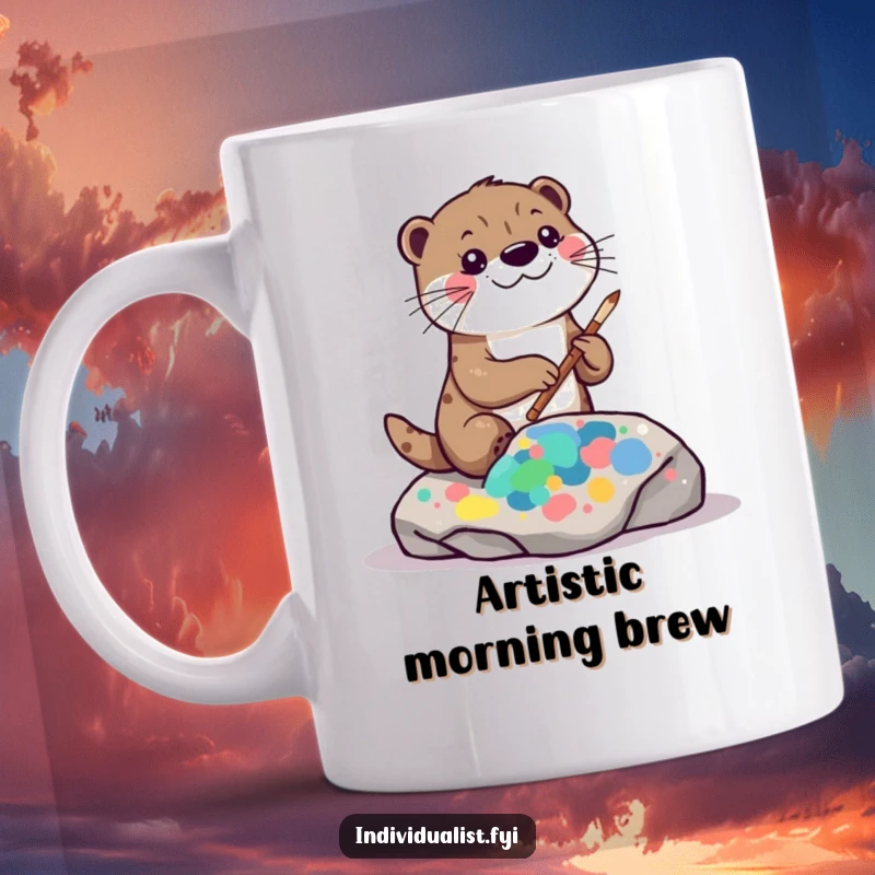 Funny kawaii otter mug, playfully painting a vibrant, abstract pattern on a rock, showcasing artistic fun.