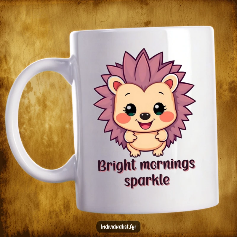 Funny smiling hedgehog character with exceptionally vibrant, spiky rainbow colors radiating on this eye-catching mug.