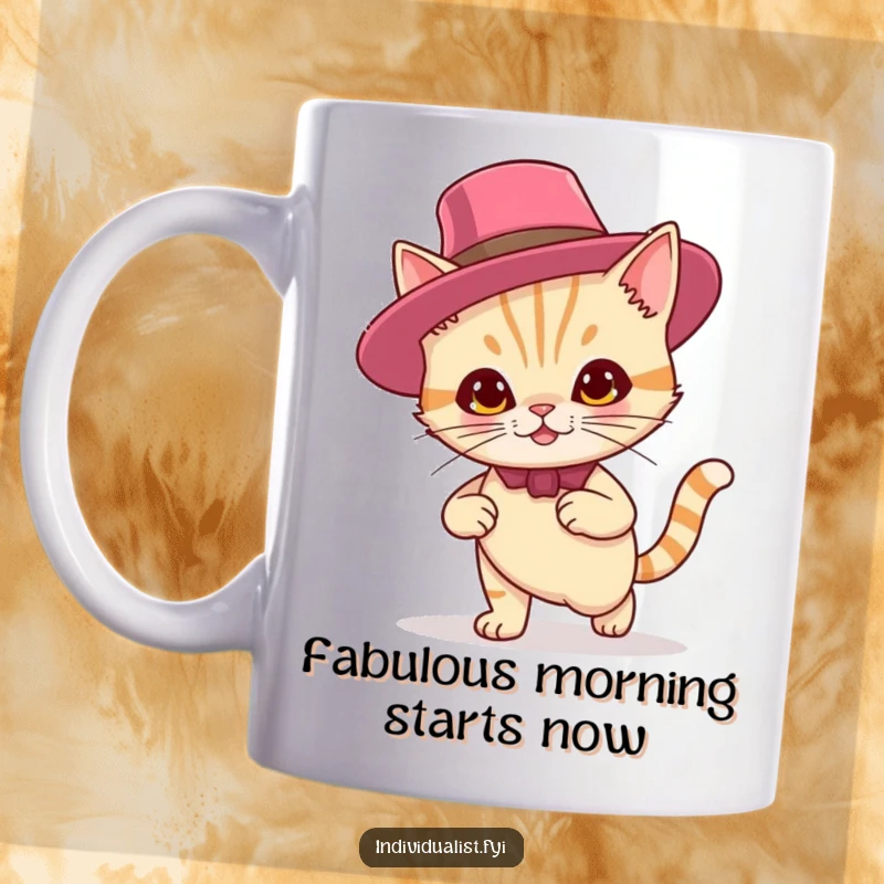 Funny mug featuring a smug cat in a flamboyant hat, walking confidently, perfect for feline fans who love humor.