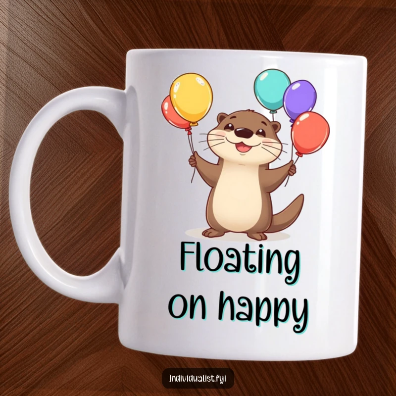 Funny otter mug of a happy otter grinning while juggling multiple colorful, oddly shaped balloons.