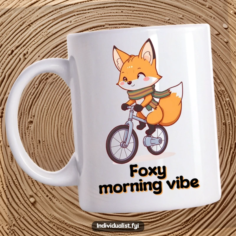 Funny Mug featuring a charming fox with a bright scarf confidently riding a unicycle, embodying balance, joy, and whimsical adventure.