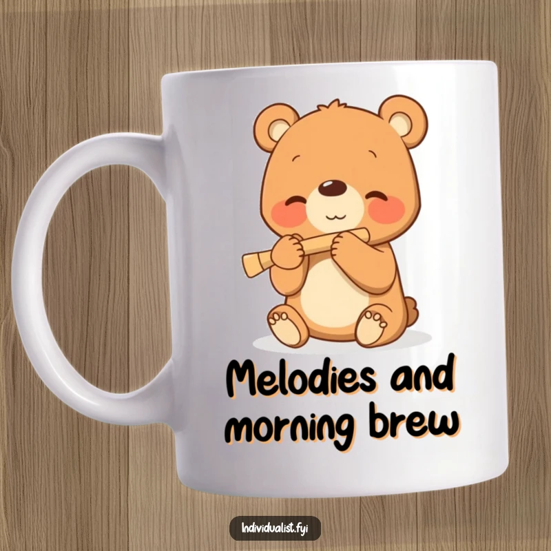Funny mug featuring a smiling bear cub happily playing a tiny flute, creating sweet, joyful music.