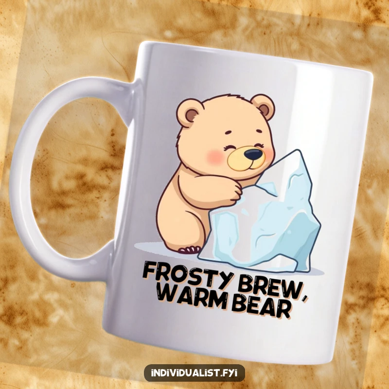 Funny Bear Ice Sculpting Mug, a determined bear intensely focused on sculpting a complex ice formation with skilled paws.