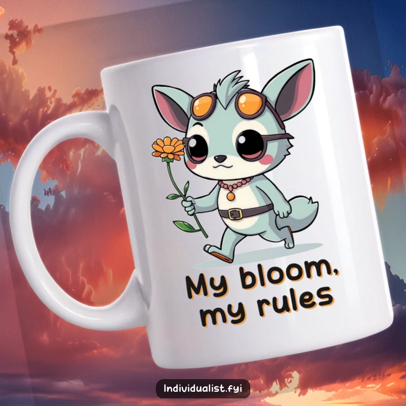 Funny mug showcasing a cool creature with edgy accessories and an exotic flower, walking with undeniable confidence and flair. Boldly stylish humor.
