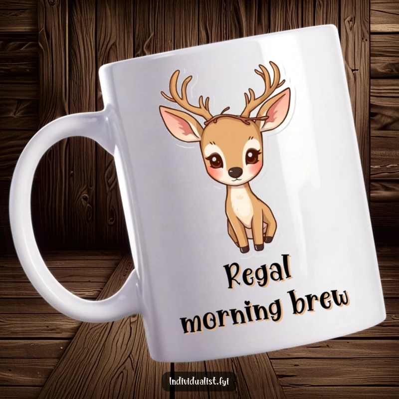 Funny mug showing a curious deer with large eyes wearing an asymmetrical, natural crown made of twigs.