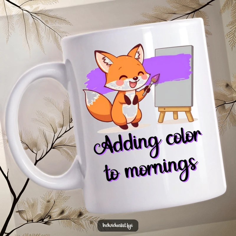 Funny mug featuring a joyful fox painting a single bright purple stripe on a grey canvas, embodying artistic creation and humor.