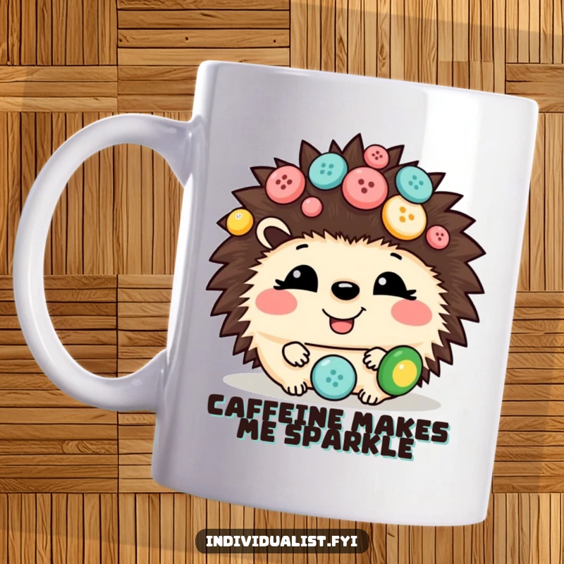 Funny hedgehog mug with a giggling expression, decorated with colorful, mismatched buttons, making it a cute and humorous gift.