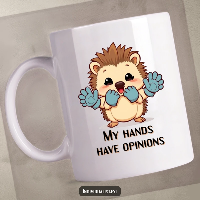 Funny hedgehog mug showing off mismatched gloves with a proud, cheerful expression, perfect for gifting.