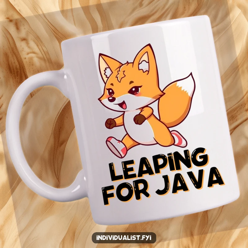 Funny kawaii fox mug, leaping with flair and wearing mismatched socks, embodying energetic determination.