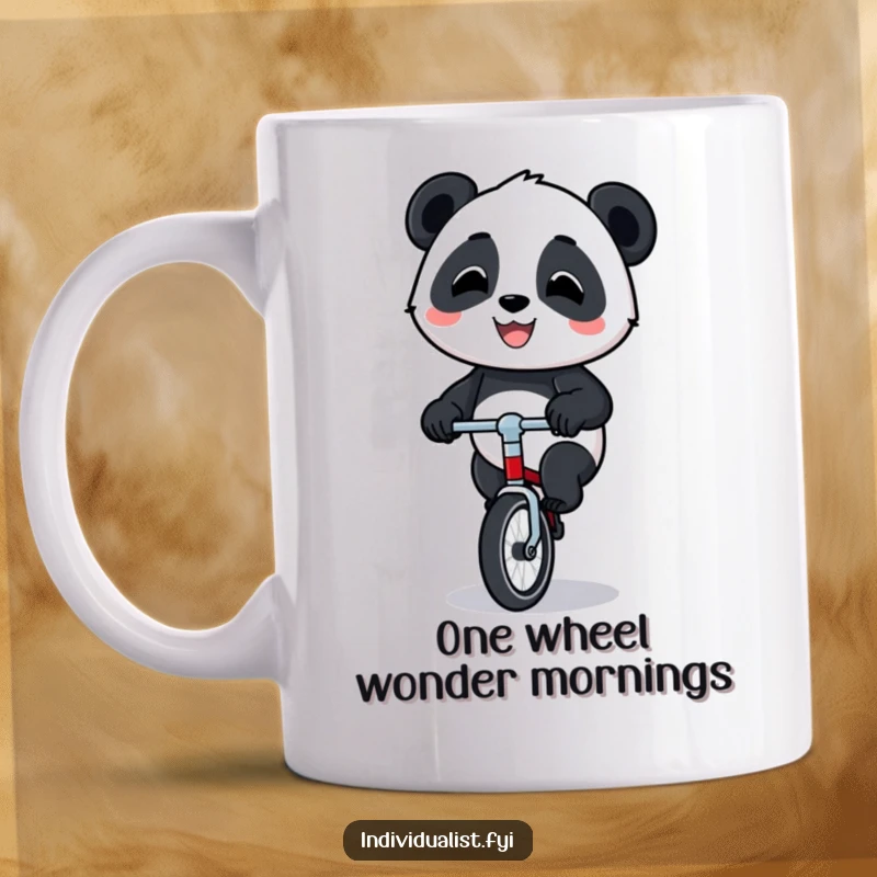Funny panda unicycle mug showing a happy panda with a proud grin, expertly balancing on a tiny unicycle.