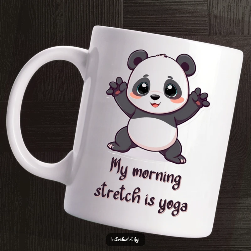 Funny panda mug in a bizarre yoga pose, showcasing playful flexibility and a humorous take on relaxation for a unique gift.