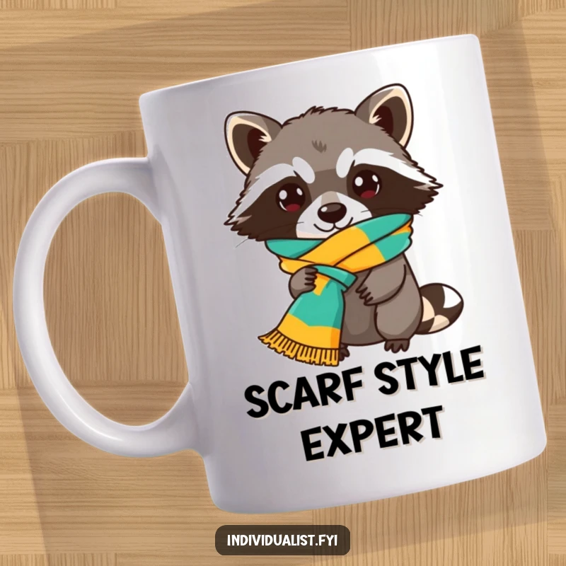 Funny Raccoon Mug featuring a playful bandit character with a brightly colored scarf tied in a comically unusual knot, looking sly.