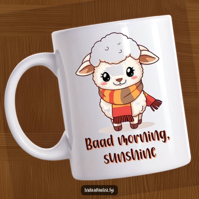 Funny mug showing a fluffy sheep confidently wearing a stylish, quirky scarf.