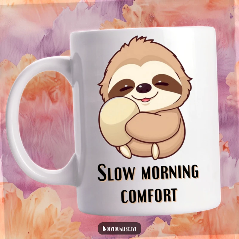 Funny Sloth Mug depicting a contented sloth with a serene smile, wearing one comically large glove, embodying peaceful slowness.