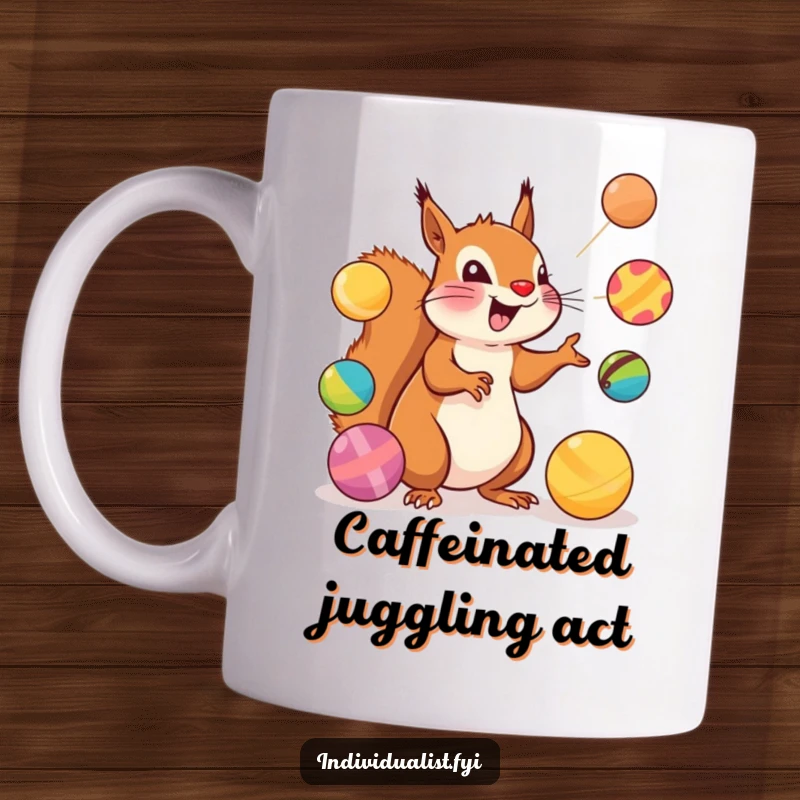Funny Squirrel Mug: An excited squirrel masterfully juggles colorful, uniquely shaped balls with impressive skill.