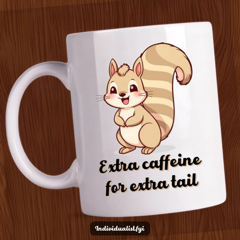 Funny squirrel mug featuring a cheerful squirrel with an exaggeratedly tall, brightly striped tail, perfect for humorous animal lovers.