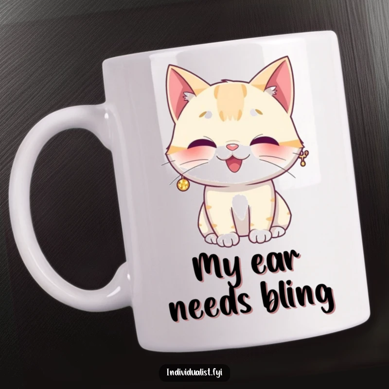 Funny cat mug with a giggling cat wearing one large, glittering earring, looking utterly delighted and stylish.