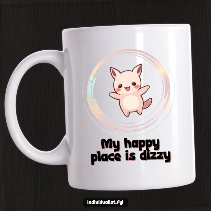 Funny mug featuring a cartoony creature with a unique silhouette joyfully spinning and leaving a sparkly trail. The epitome of happy silliness.