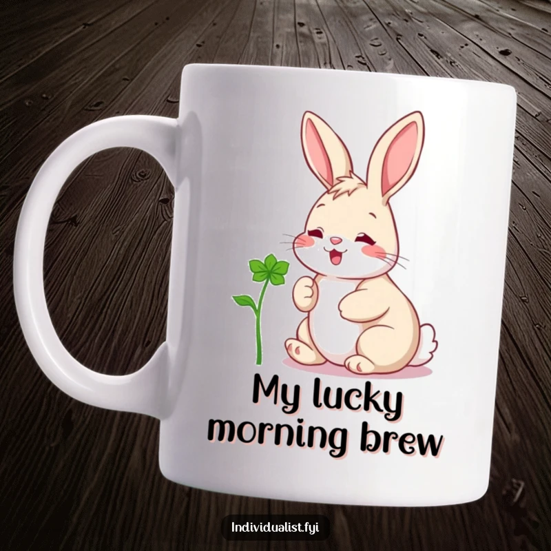 Funny mug featuring a joyful rabbit adoring a uniquely shaped clover, embodying pure delight and good fortune.