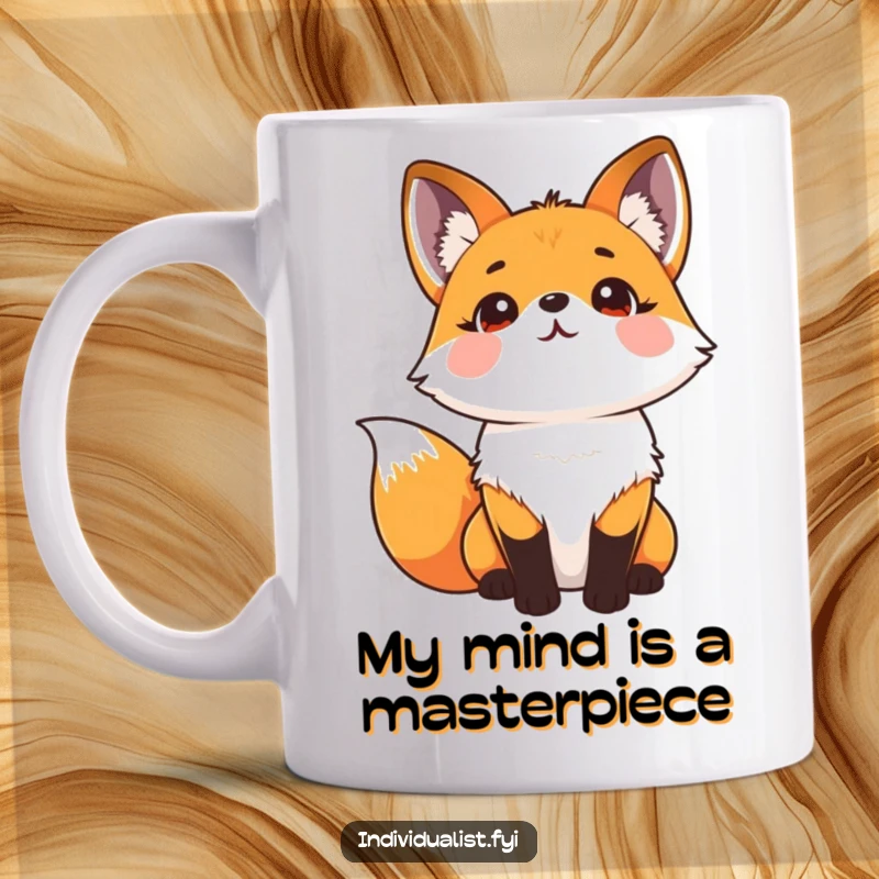 Funny mug featuring a joyful fox with a mesmerizing kaleidoscope fur pattern gazing upwards, radiating good vibes.