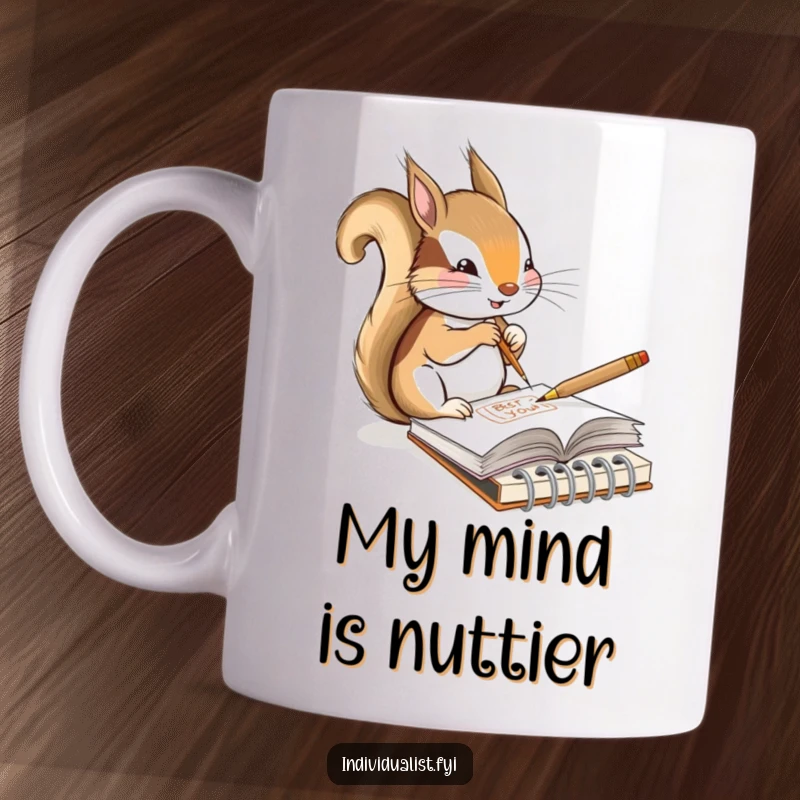 Funny mug featuring a content squirrel artist diligently sketching a unique design in a tiny notebook, showcasing creative inspiration.
