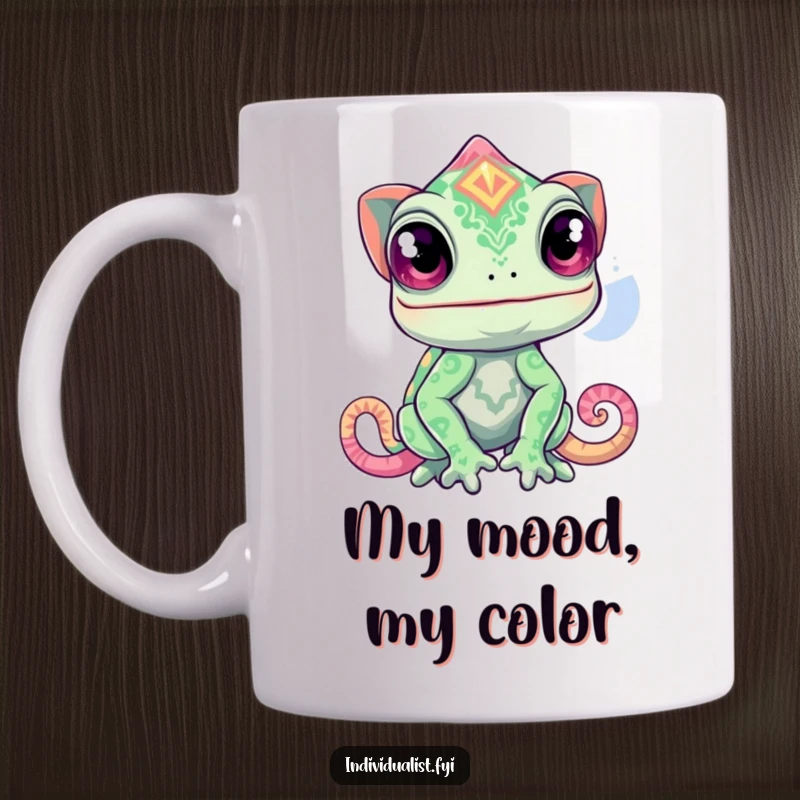 Funny chameleon mug showing a curious chameleon transforming into a wildly unexpected, vibrant pattern.