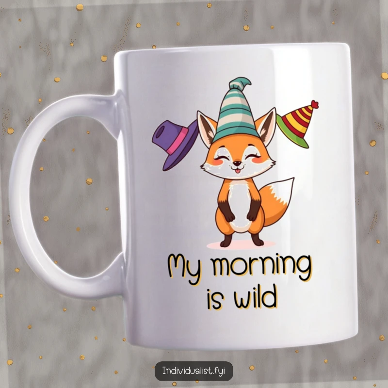 Funny mug featuring a spirited fox skillfully juggling three different colored, eccentric hats, showcasing playful energy and charm.