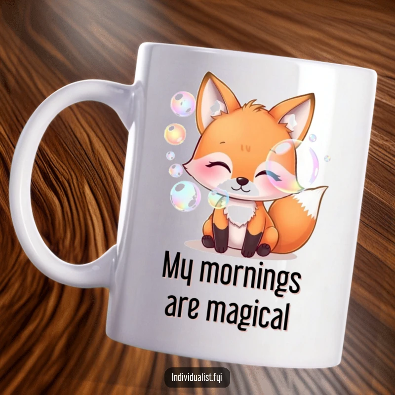 Funny fox blowing iridescent bubbles, whimsical art mug, colorful and magical design, unique gift for nature lovers.