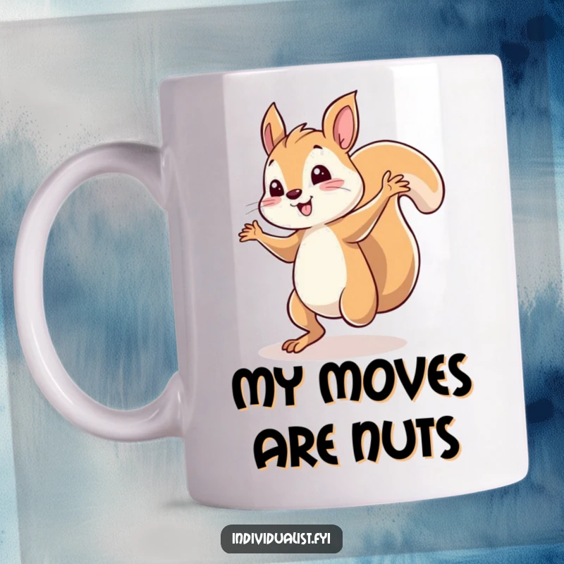 Funny squirrel mug with a spotlight, dancing solo with pure joy and energy. A whimsical character capturing the spirit of a passionate performer.