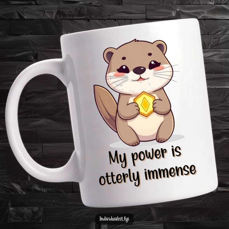 Funny Otter Mug with a glowing amulet, playfully holding magic, perfect for fantasy fans and gift seekers.