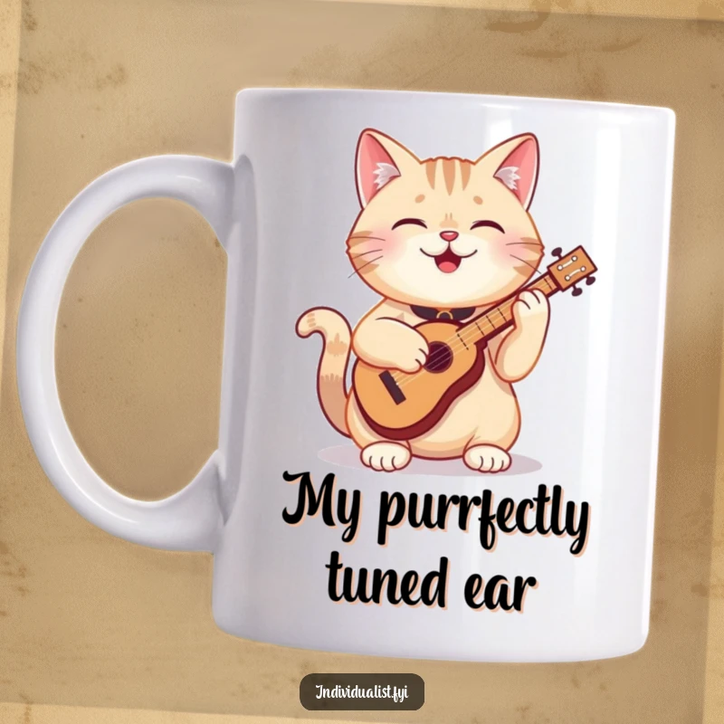 Funny cat mug showing a happy, contented cat enthusiastically playing a miniature, strange-looking musical instrument with pure delight.