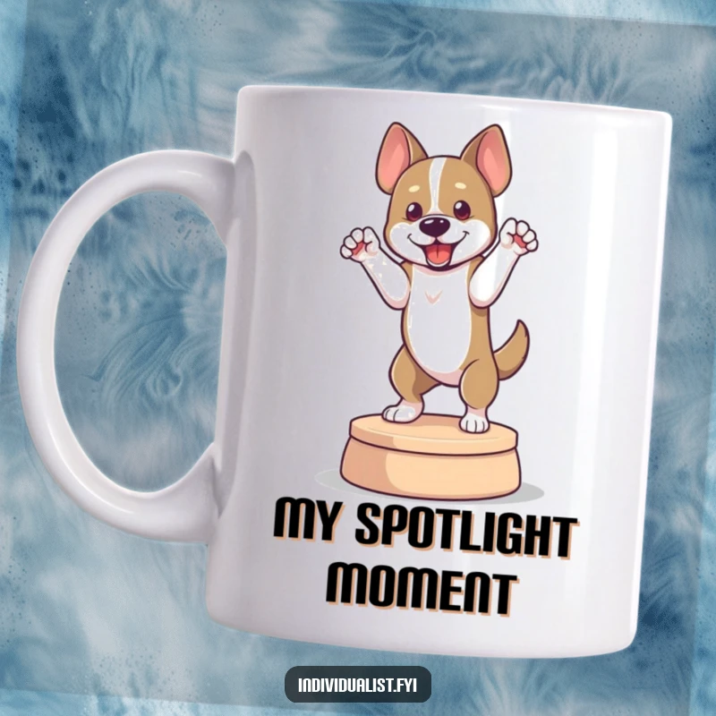 Funny mug featuring a dog striking a dramatic pose on a small platform, capturing theatrical canine charm and humor.