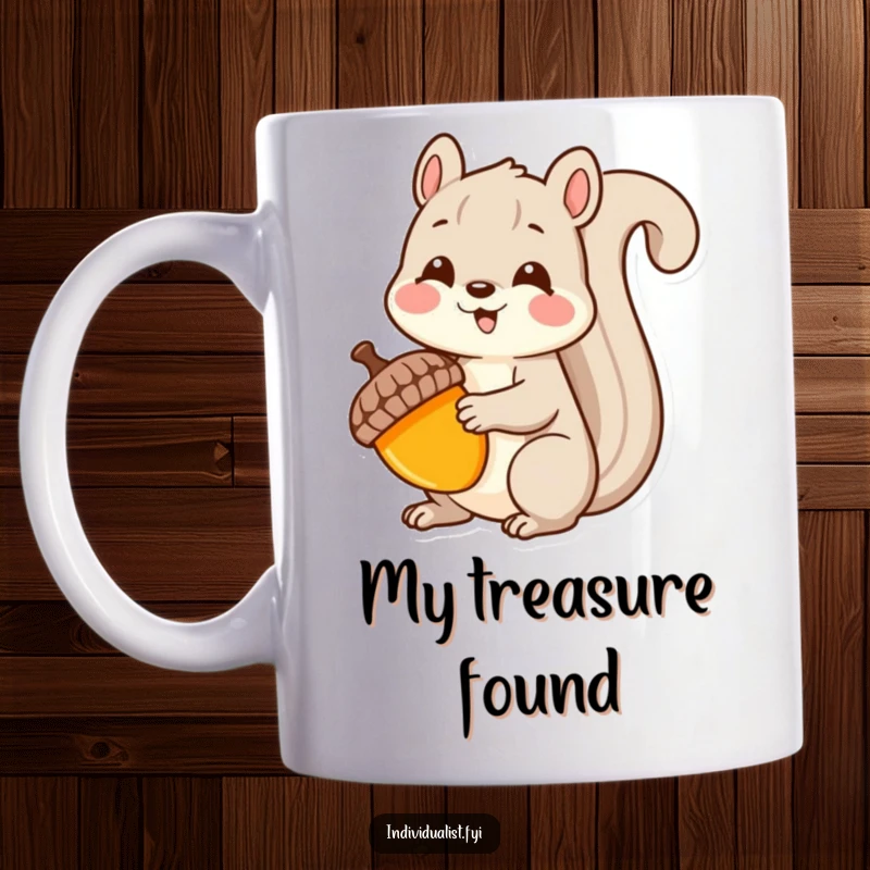 Funny Kawaii squirrel mug, delightedly holding a brightly colored, unique acorn, showcasing a love for special discoveries.