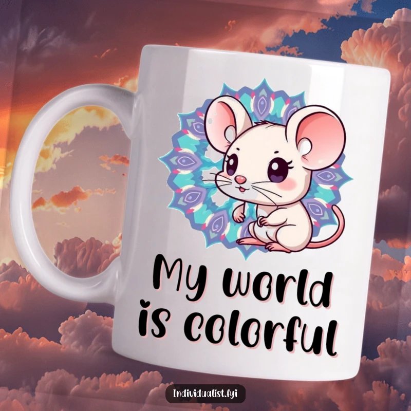 Funny Kawaii mouse peeking into a kaleidoscope, mesmerized by swirling, distinct patterns, showcasing curiosity and wonder.