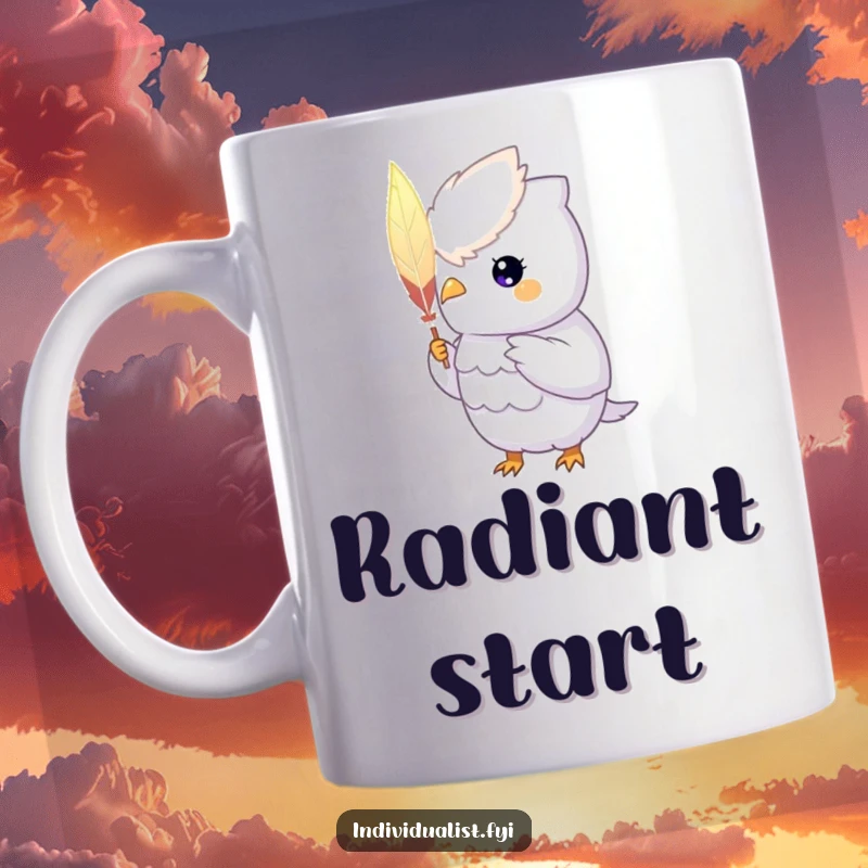 Funny Mug: A unique creature with a glowing aura proudly displays a single, hand-painted feather, radiating specialness.
