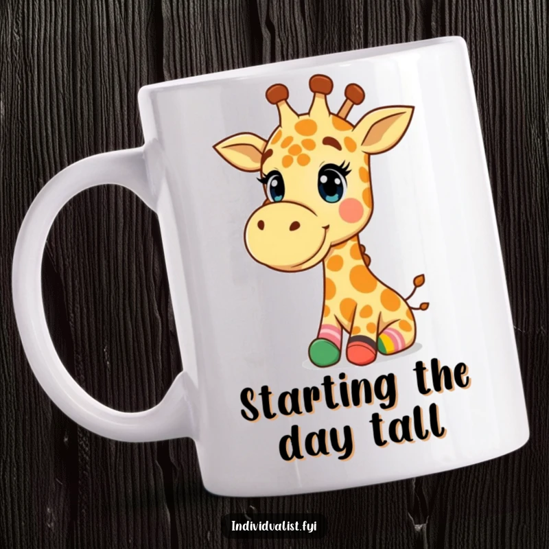 Funny Giraffe Mug: Happy giraffe wearing mismatched colorful socks, exuding joy and quirky fashion.
