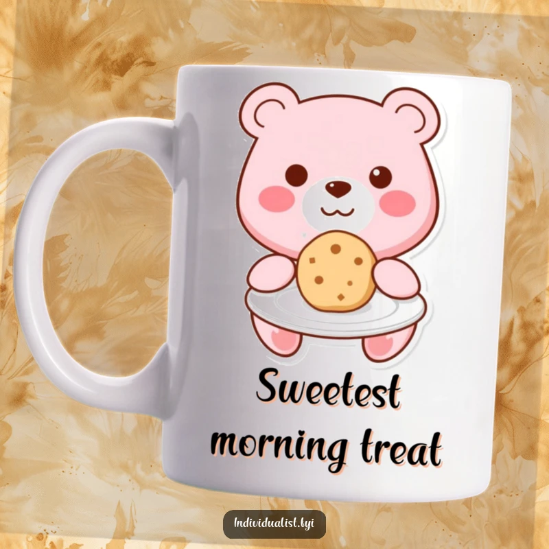 Funny Kawaii bear smiling warmly, offering a single, uniquely shaped cookie from a plate, a gesture of sweet friendship.