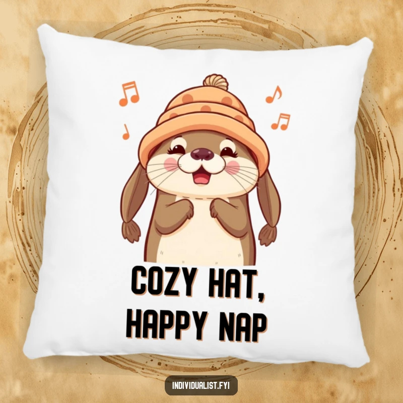 Funny Otter Pillow: A plush pillow features a cheerful otter in a handmade hat, humming a tune.
