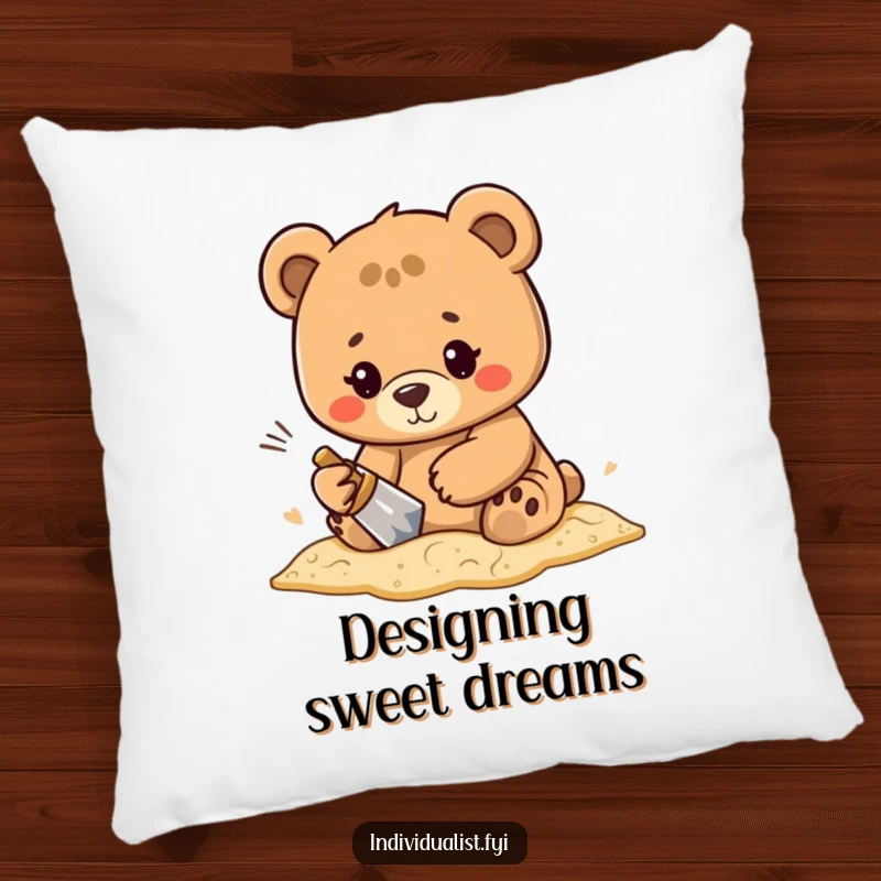 Funny determined bear character focused on creating a unique sand pattern with concentration on this soft pillow.