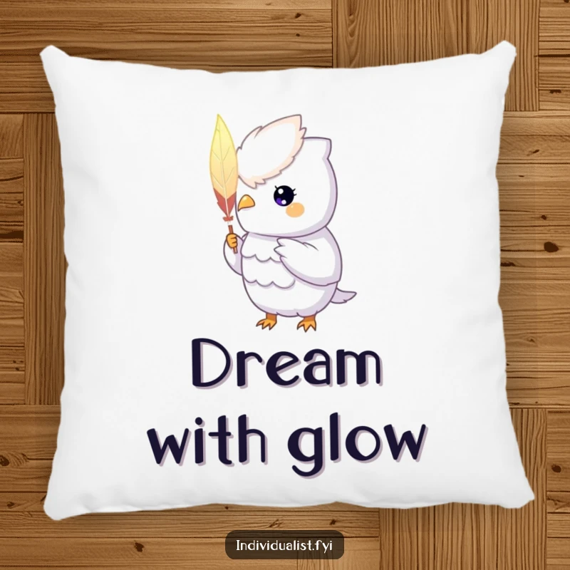 Funny Pillow: A unique creature with a glowing aura displays a hand-painted feather, a soft and magical addition to any space.