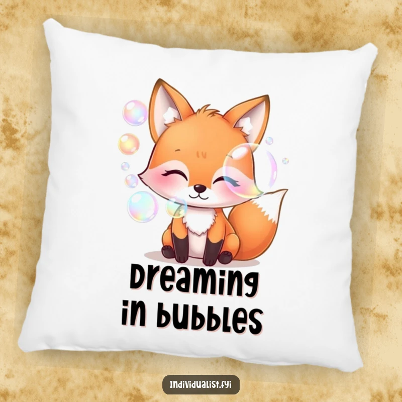 Funny whimsical fox blowing iridescent bubbles, decorative pillow, soft cushion, magical creature art, unique and funny gift.