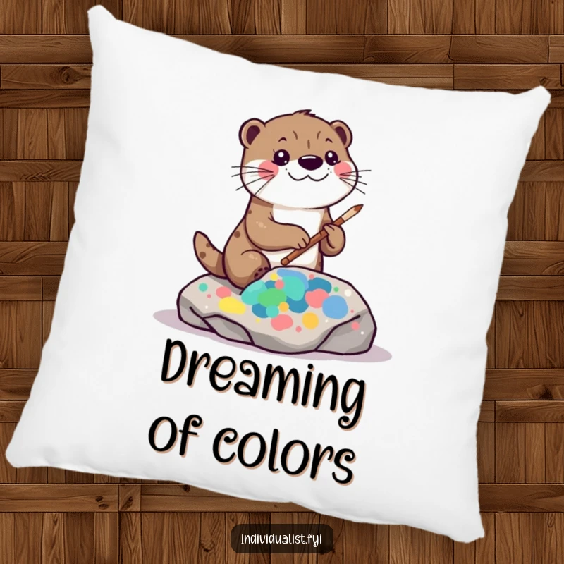 Funny kawaii otter pillow, showing a playful otter painting an abstract pattern on a rock, offering cozy comfort.