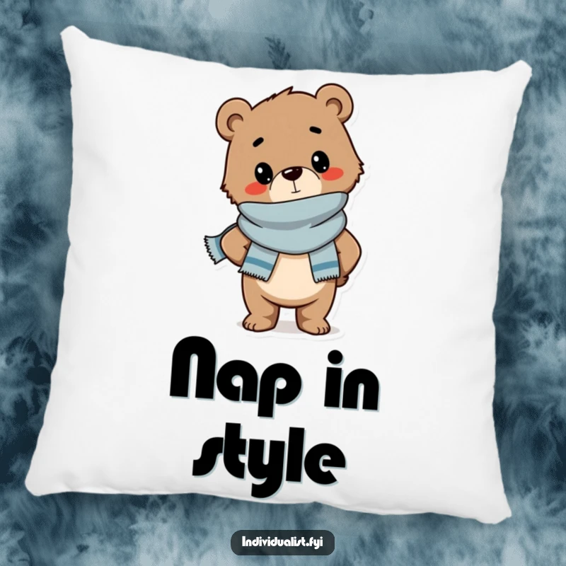 Funny pillow featuring a confident bear cub in a stylish scarf striking a pose, offering soft humor and chic decor.
